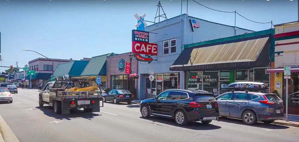 Cafes and shops along the main street in Tillamook