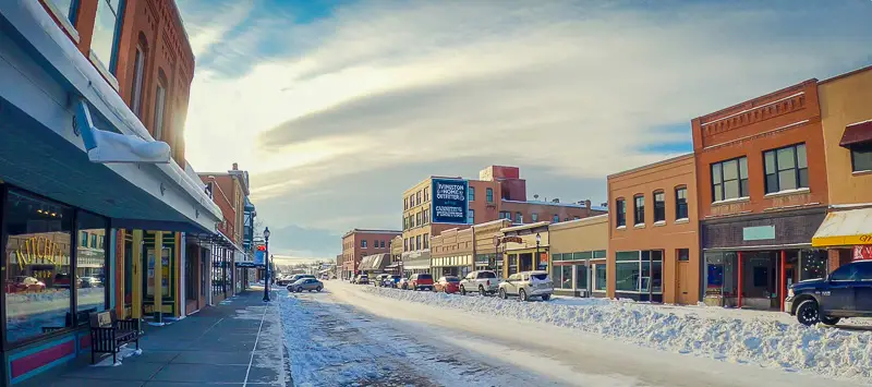 Main street Livingston Montana looking South east on frigid day during our citywalk