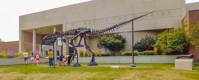 Replica T-Rex skeleton in front of Museum of the Rockies during virtual walk