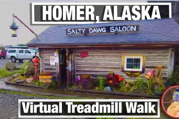 Old log cabin Salty Dawg Saloon on the spit of Homer Alaska on this virtual treadmill walk