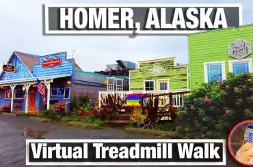 Old shops in Homer, Alaska on our virtual treadmill walk