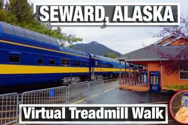 Train station in Seward Alaska during a rainy walking tour