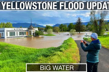 Yellowstone flood waters around the KPRK building in Livingston, Montana