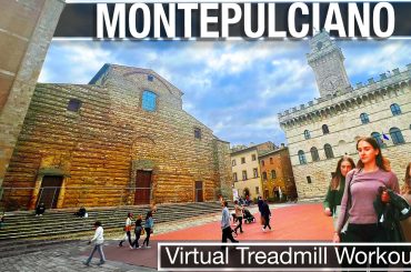 View of the Piazza Grande in Montepulciano with the tower of Comune di Montepulciano and the front of Cathedral Saint Mary Of The Assumption