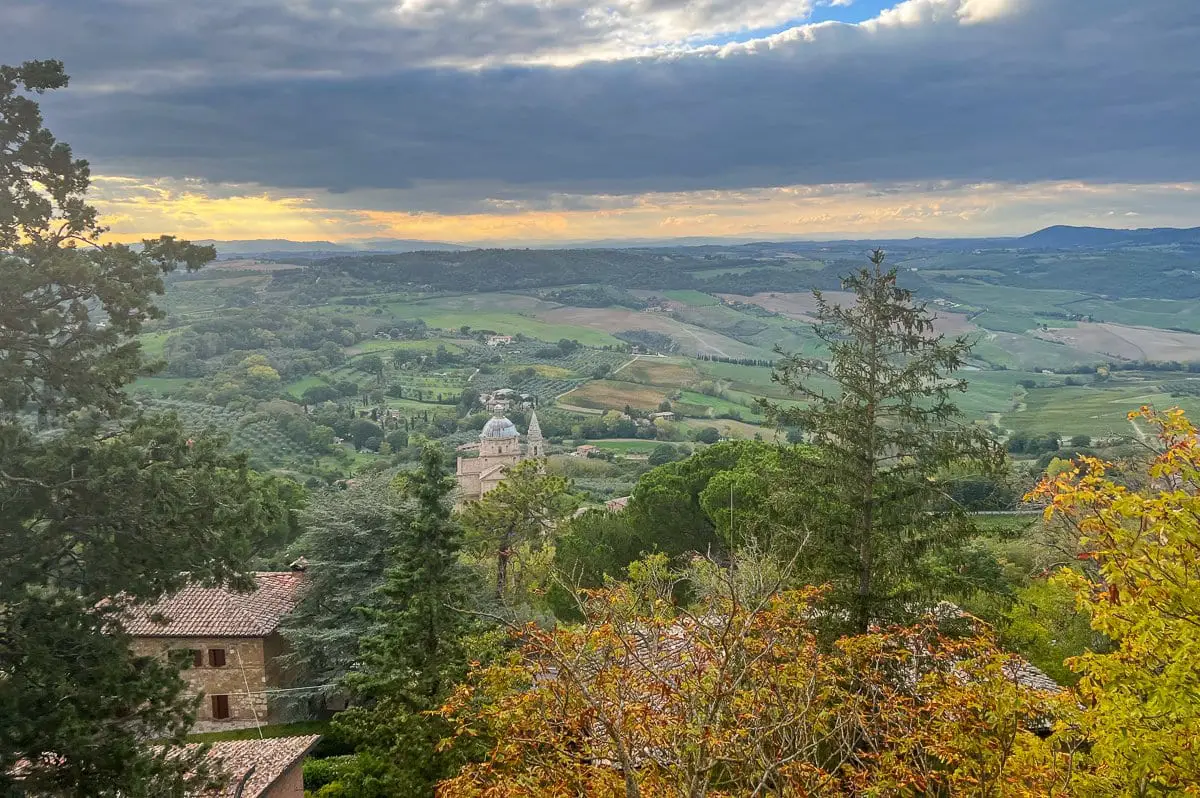 view of Tuscan countryside from Montepulciano with Canonica di San Biagio