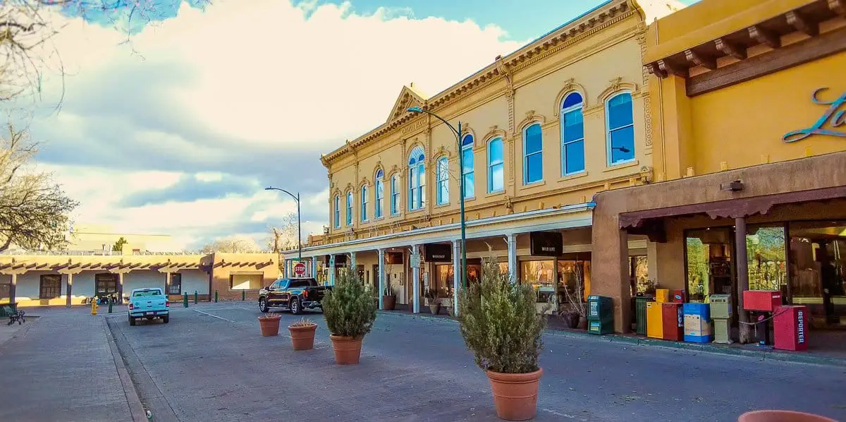 Santa Fe New Mexico building frontage on main plaza on our city walk live