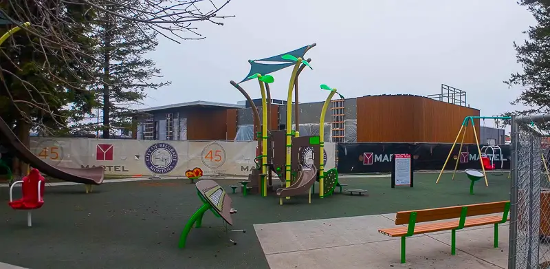 Playground behind library under construction near the end of our virtual walk