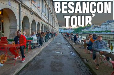 Besançon, France diners at cafés near the Doubs River on our virtual walking tour thumbnail