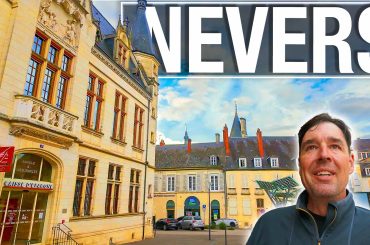 Front of French Building and the world Nevers on the video thumbnail for a Nevers, France virtual city walk for treadmill