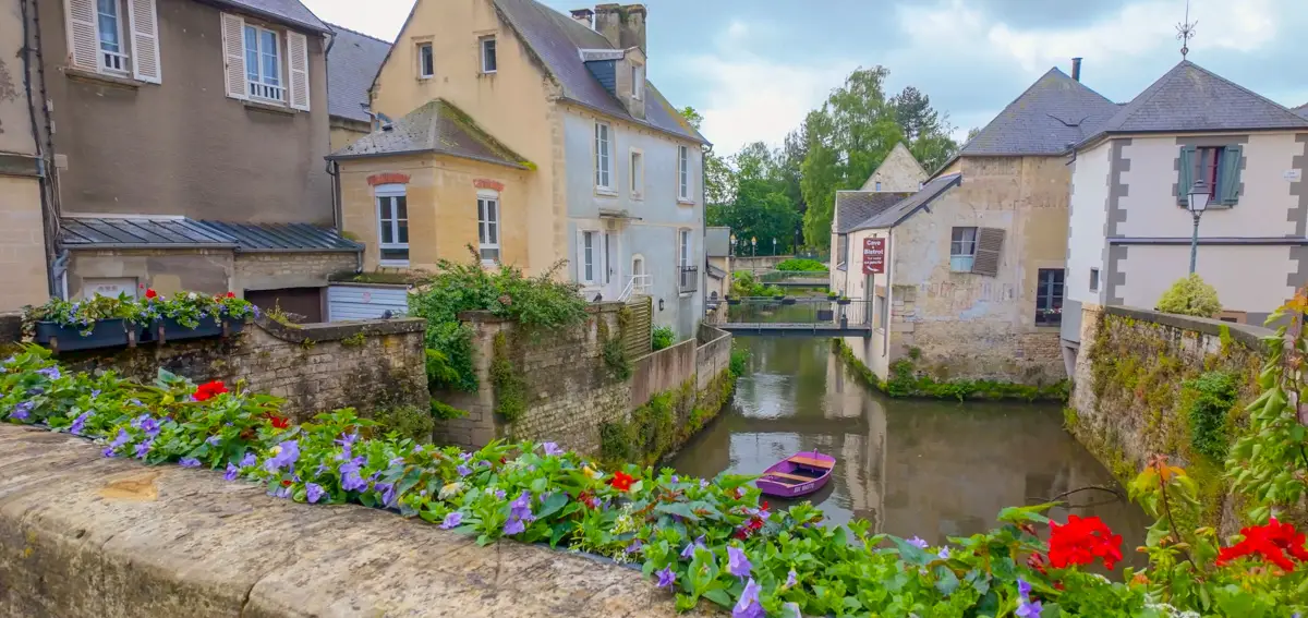 flowers along the Aure River in Bayeux during our virtual walking tour for treadmill