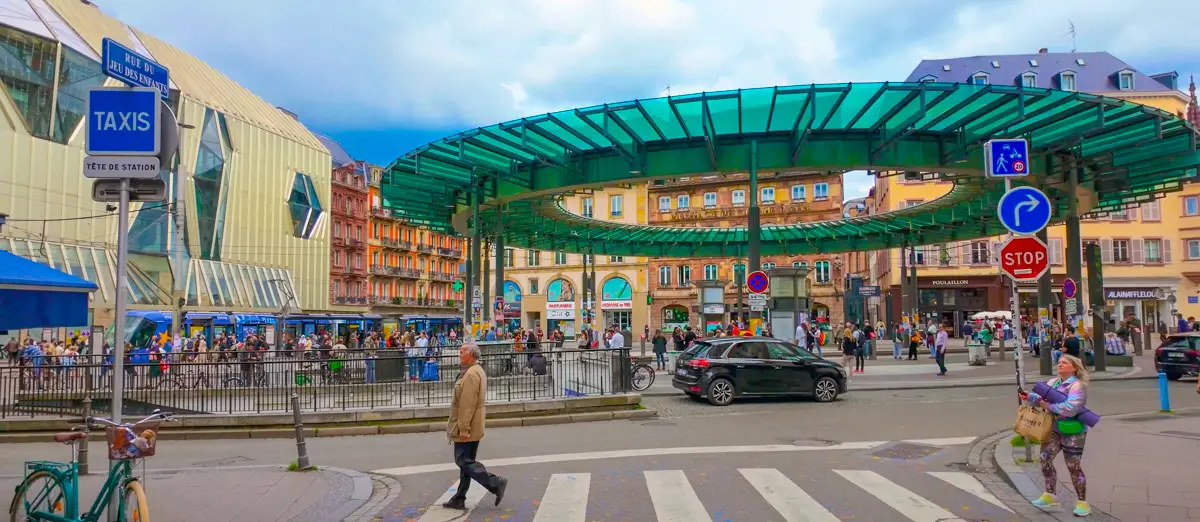 Mid Century modern bus station in Strasbourg during a virtual city walk