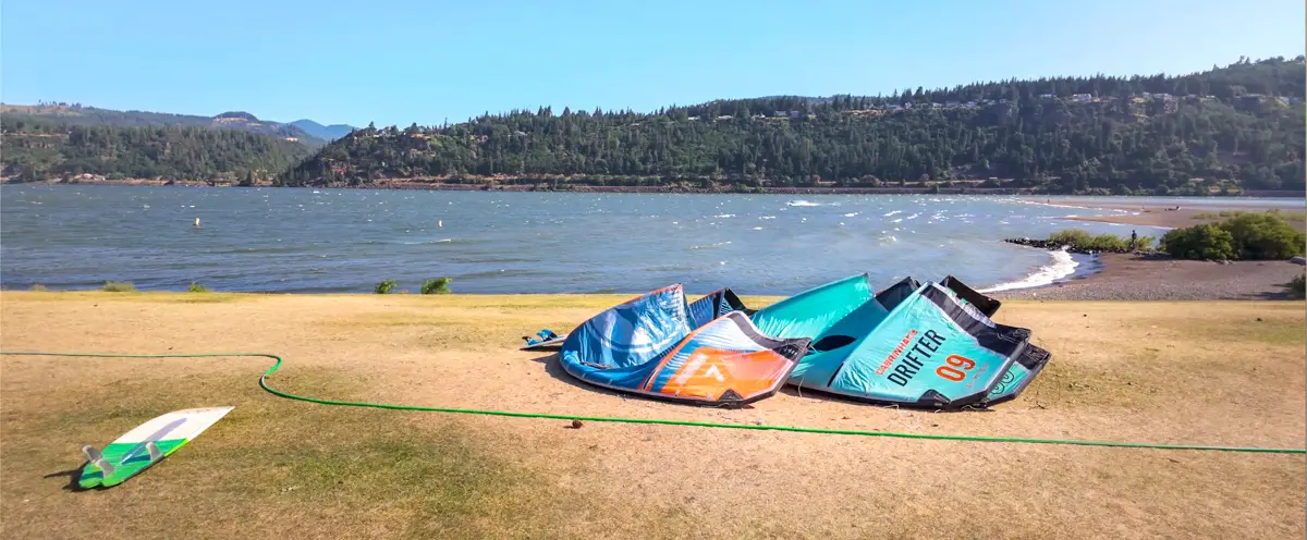 Inflated wings or sails for kite boarding next to the Columbia River in morning sun as seen on our virtual tours of cities