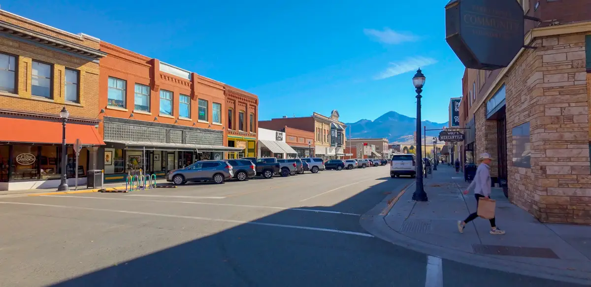 Main street buildings in the sun towards the end of our virtual walk where citywalk live