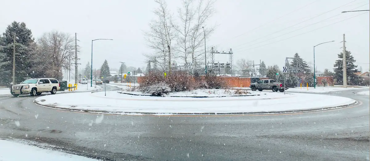 Snowy Traffic Circle near MSU in Bozeman during our Virtual Walk