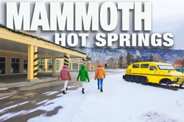 Thumbnail for a virtual walk video in Mammoth Hot Springs in Yellowstone national park featuring a snow coach and the Mammoth Hotel