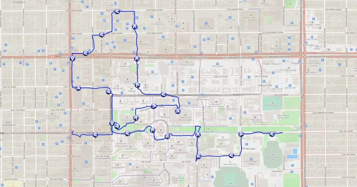 Route map for the virtual walk tour of University of Arizona Campus