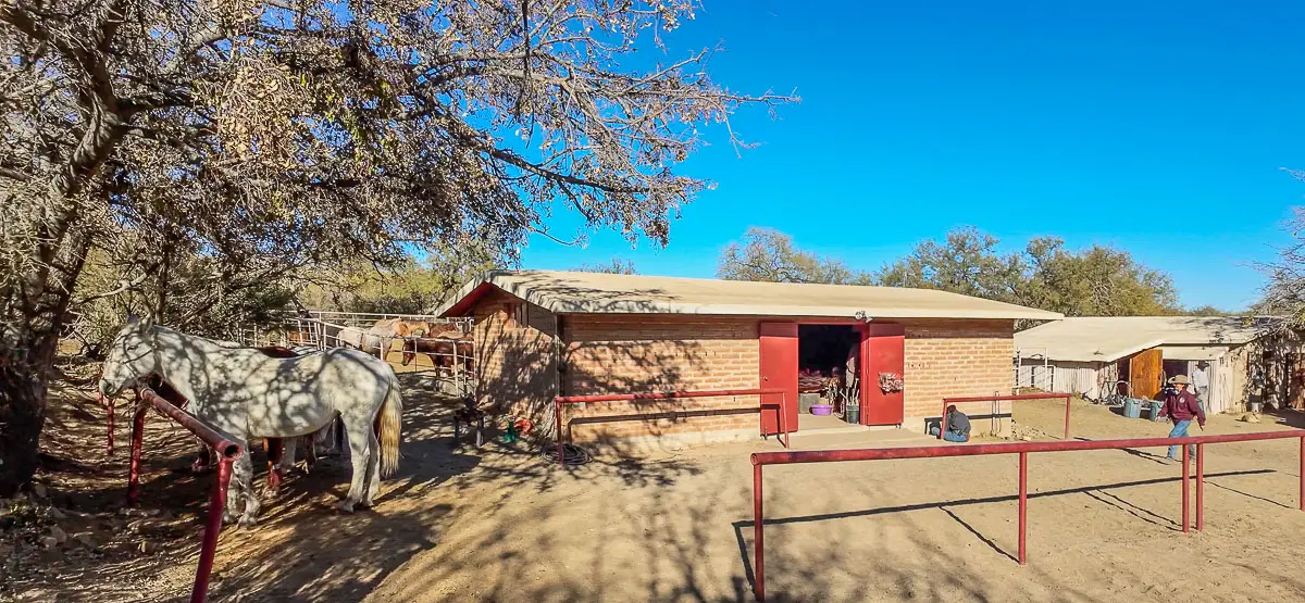 The coral and shed where we start the virtual walk. It's a low brick building with horses tied up